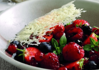 Berry salad with basil, balsamic, & Grana Padano crisps