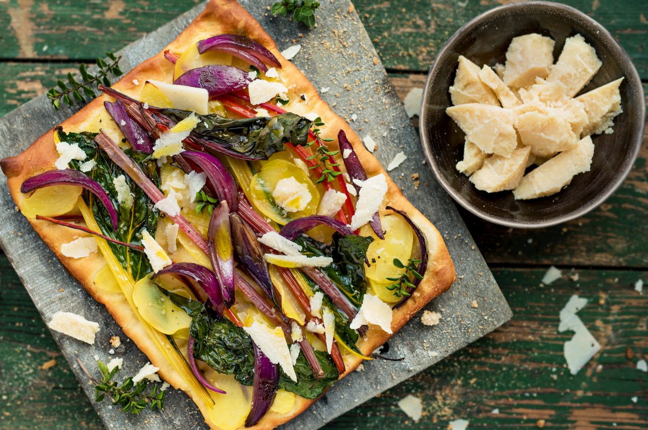 Pizza with Potatoes, Red Onions, Chard and Parmigiano Reggiano Bosa Foods